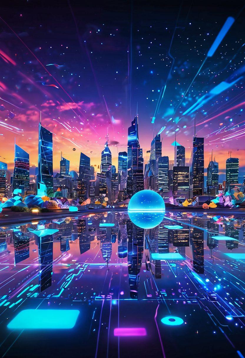A vibrant, futuristic landscape featuring 69 glowing digital icons symbolizing joy and happiness, floating above a sleek tech interface. In the foreground, a diverse group of people interacting with advanced gadgets, showcasing smiles and expressions of delight. The background depicts a colorful sky filled with abstract binary patterns, representing digital innovation and connectivity. Futuristic city skyline in the distance. super-realistic. vibrant colors.