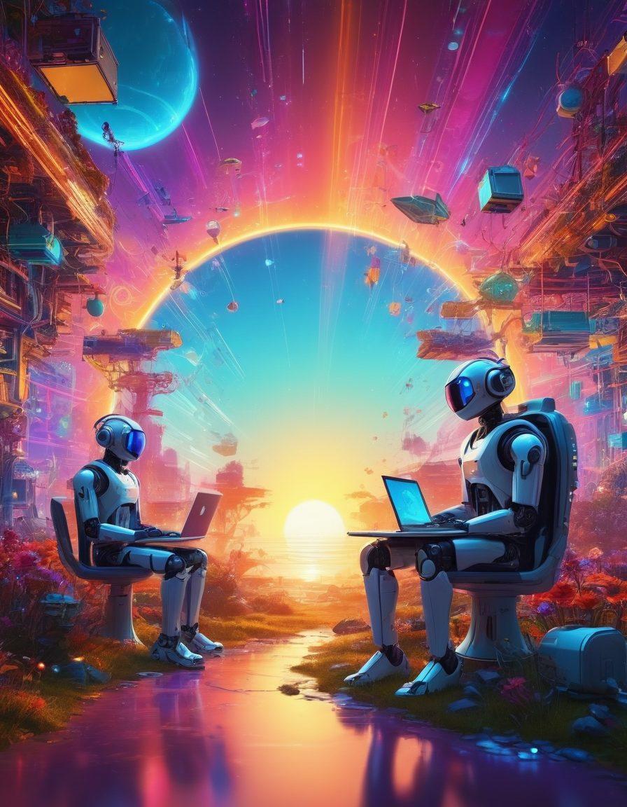 A whimsical digital landscape filled with vibrant colors, showcasing a group of diverse people joyfully interacting with innovative technology like floating holograms, friendly robots, and futuristic gadgets. Symbolic elements of happiness, like bright sun rays and colorful binary codes, intertwine with computer circuits and gears, creating a sense of elation and discovery. The scene should evoke a feeling of excitement and wonder in the realm of computing. vibrant colors. surreal. futuristic.