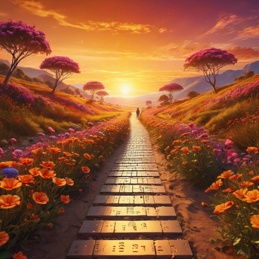 A serene landscape representing the journey from cold binary code to a vibrant utopia, featuring a pathway lined with glowing data streams transforming into colorful flowers and joyful people using technology. A warm sunset casts a golden glow, embodying the essence of transformation and happiness. surrealistic style. vibrant colors. soft focus.